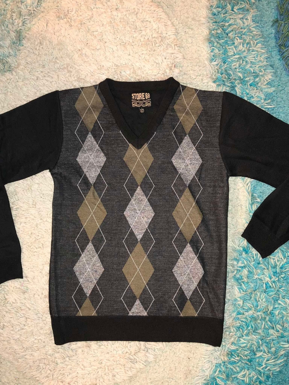 Store 68 Boys V-Neck Argyle Pullover Sweater 16/18 Black Gray Tan Knit